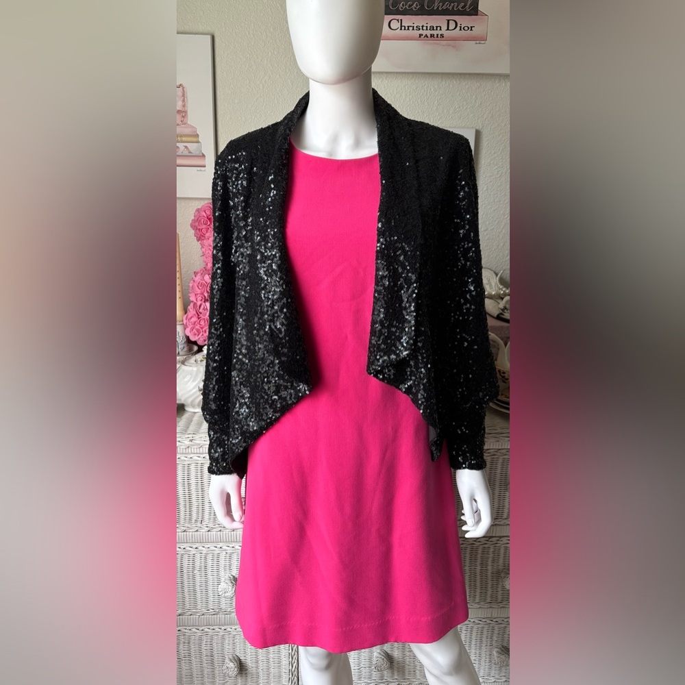 Yumi Kim Black Sequin Jacket Open Front Asymmetrical Waistline Hem Size L